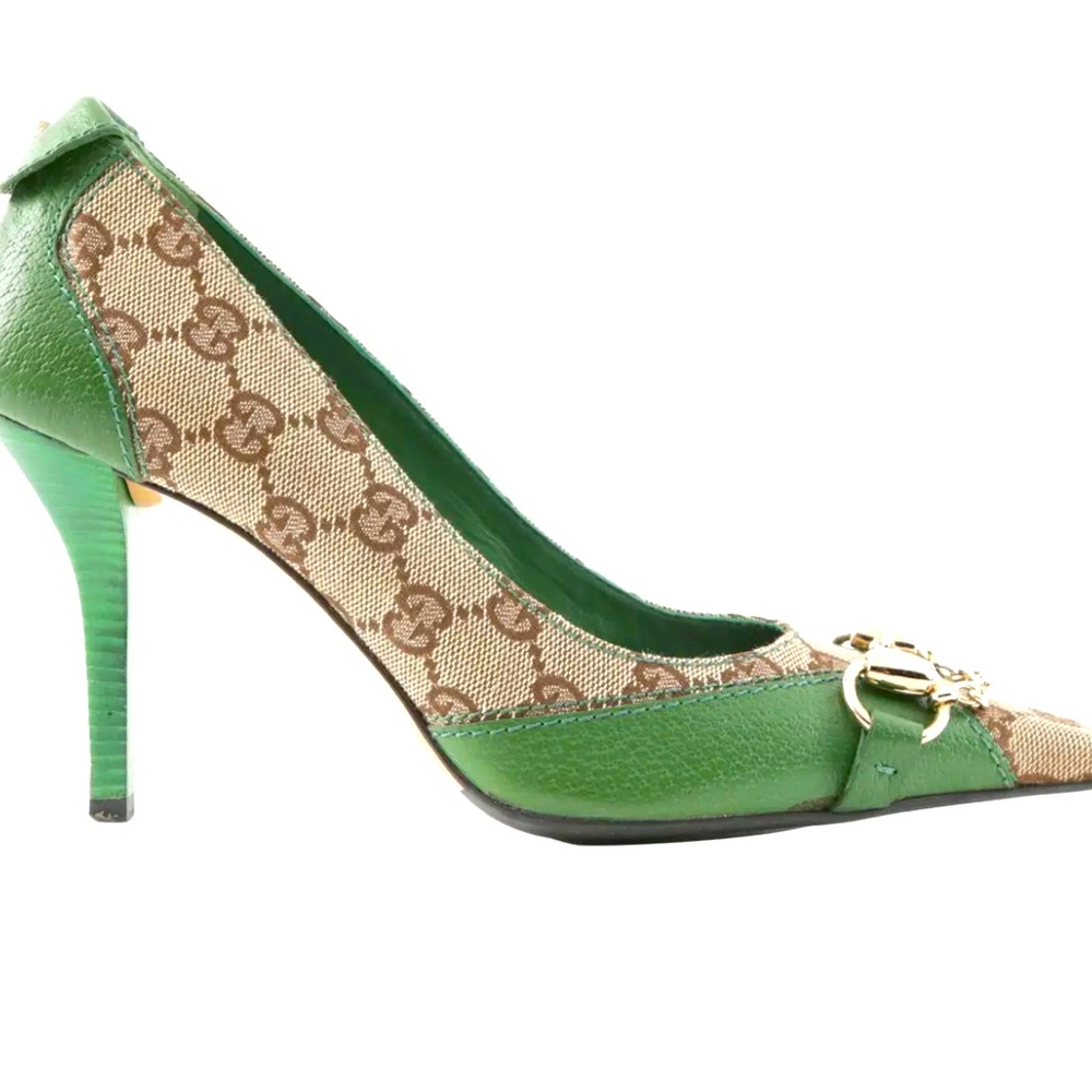 RARE Gucci Horsebit Pumps Green Leather Ebony Beige Gucci Monogram Sz 8.5 38.5